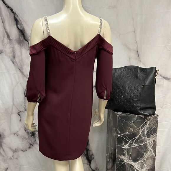 Trina Turk maroon off the shoulder dress with large rhinestone straps - Picture 5 of 7